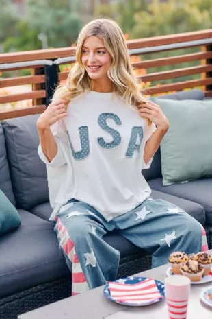 4th Of July Usa Letter Patchwork French Terry Top, image 9