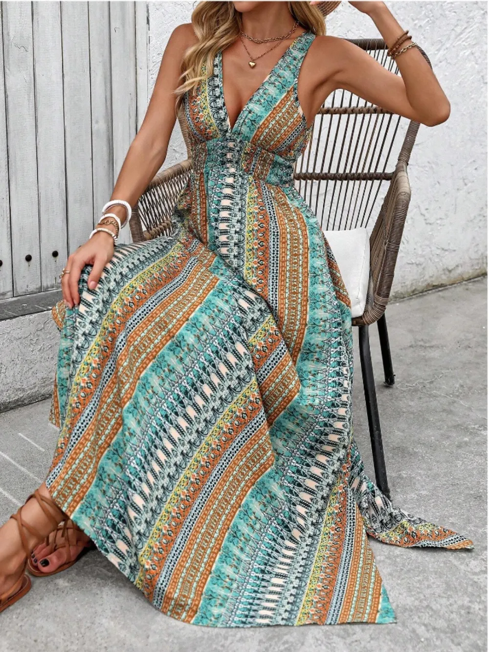 Tied Back Printed Sleeveless Maxi Slit Dress, image 5