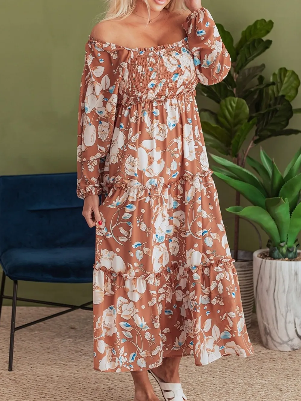 Smocked Printed Long Sleeve Tiered Dress, image 6