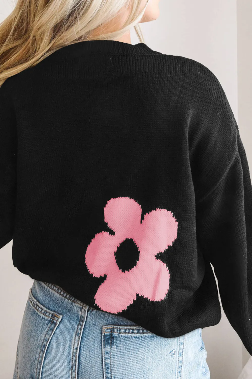 Round Neck Floral Pattern Color Contrast Design Long Sleeve Sweater, image 7