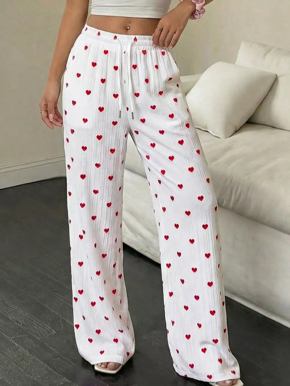 Heart Print Drawstring Waist Wide Leg Pants, image 2