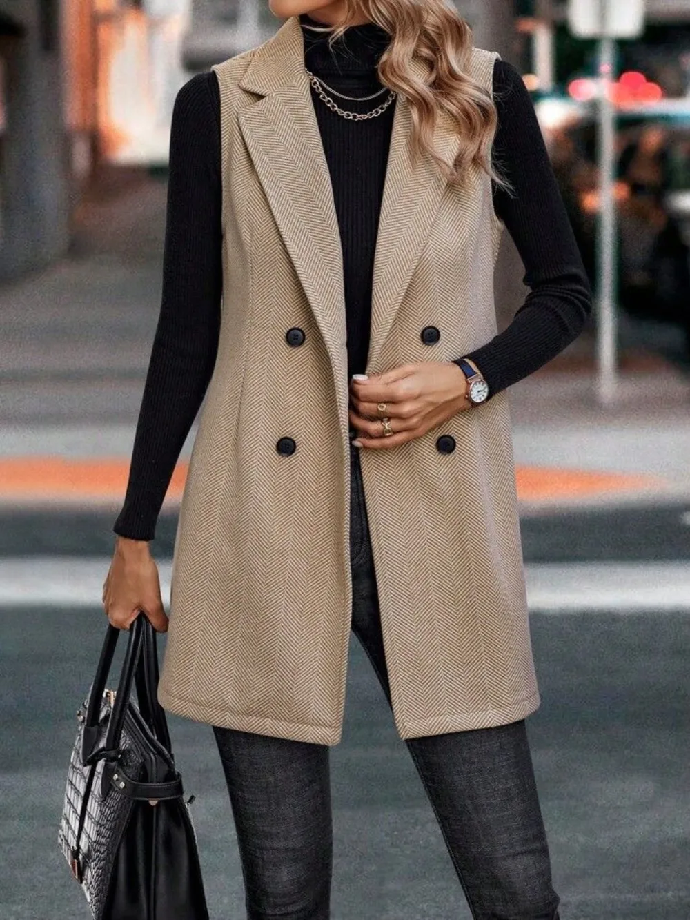 Buttoned Collared Neck Longline Vest Coat, image 7