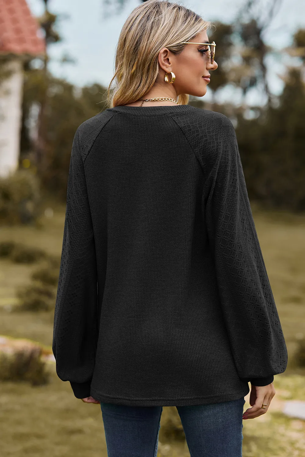 Eyelet Notched Raglan Sleeve T-Shirt, image 2