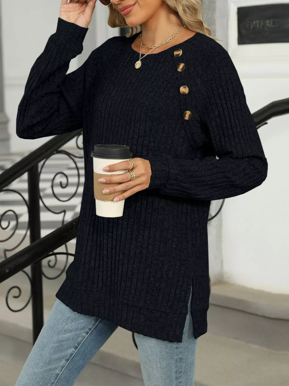 Round Neck Side Slit Ribbed Knit Top with Asymmetric Button Detail, image 15