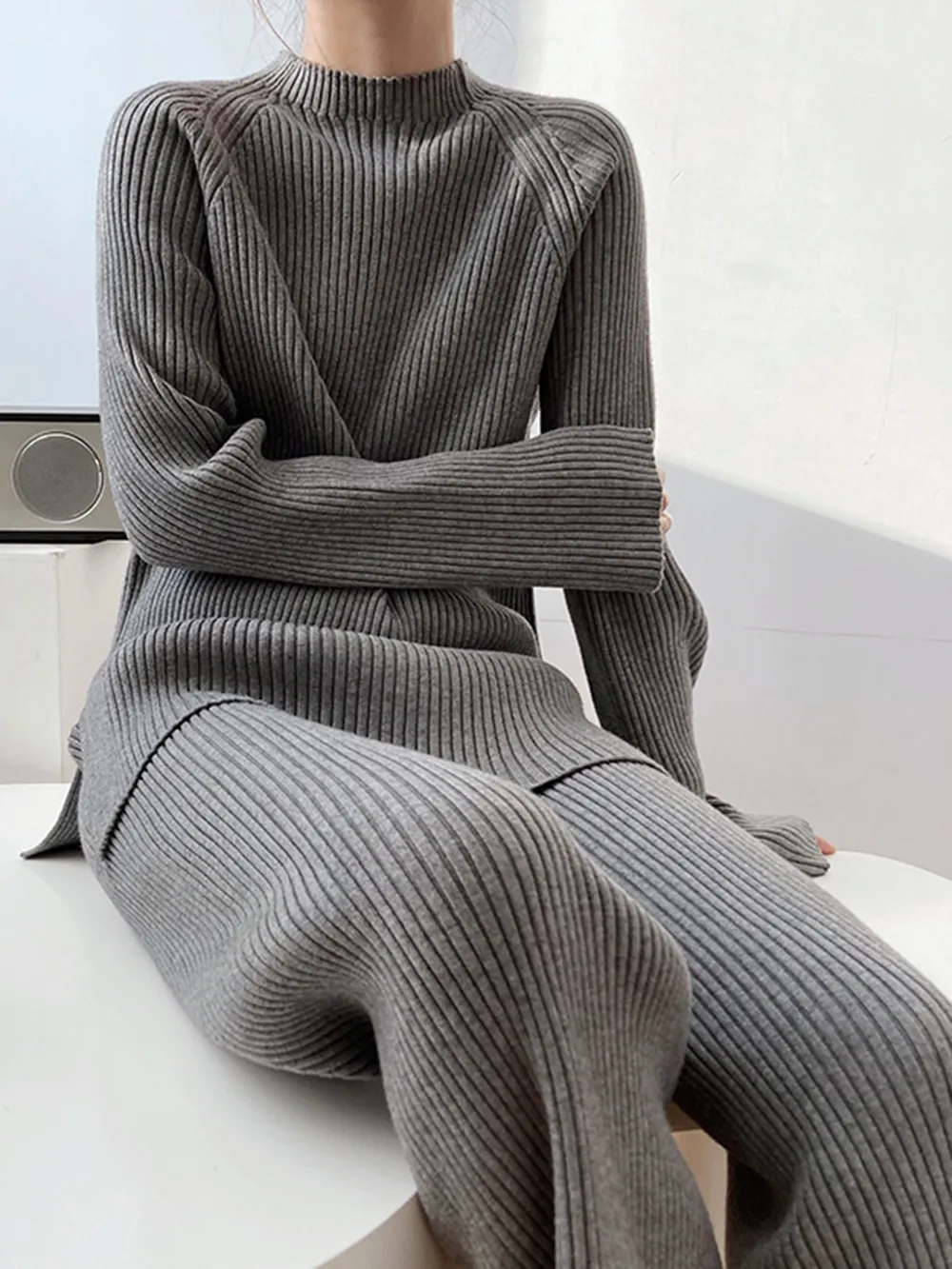 Mock Neck Raglan Sleeve Top and Pants Sweater Set, image 6