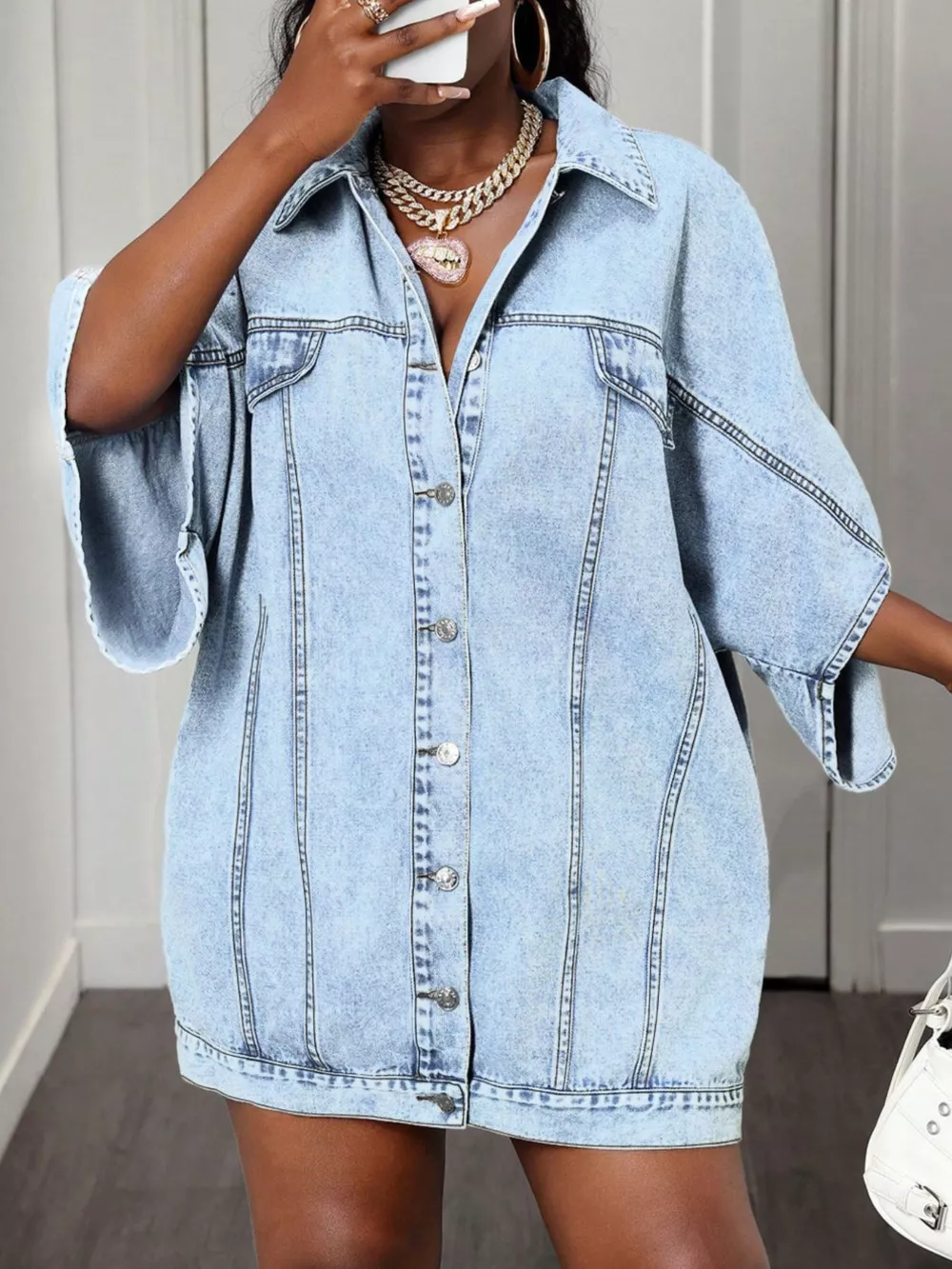 Oversized Batwing Sleeve Denim Top, image 4