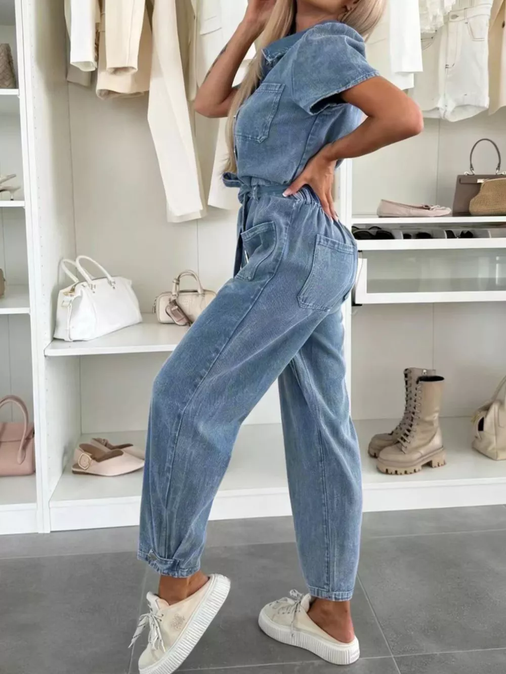 Vintage Wash Short Sleeve Denim Jumpsuit, image 3