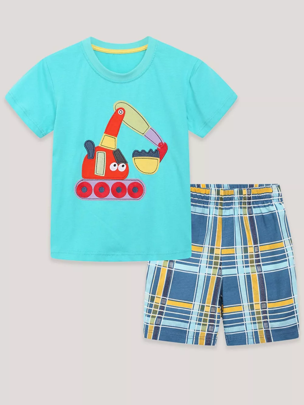 Children's Excavator Short Sleeve Tee and Plaid Shorts Set, image 2