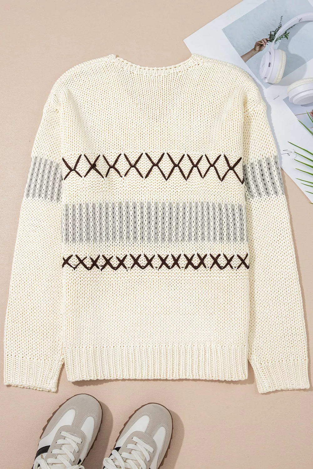V-Neck Knit Long Sleeve Sweater, image 4