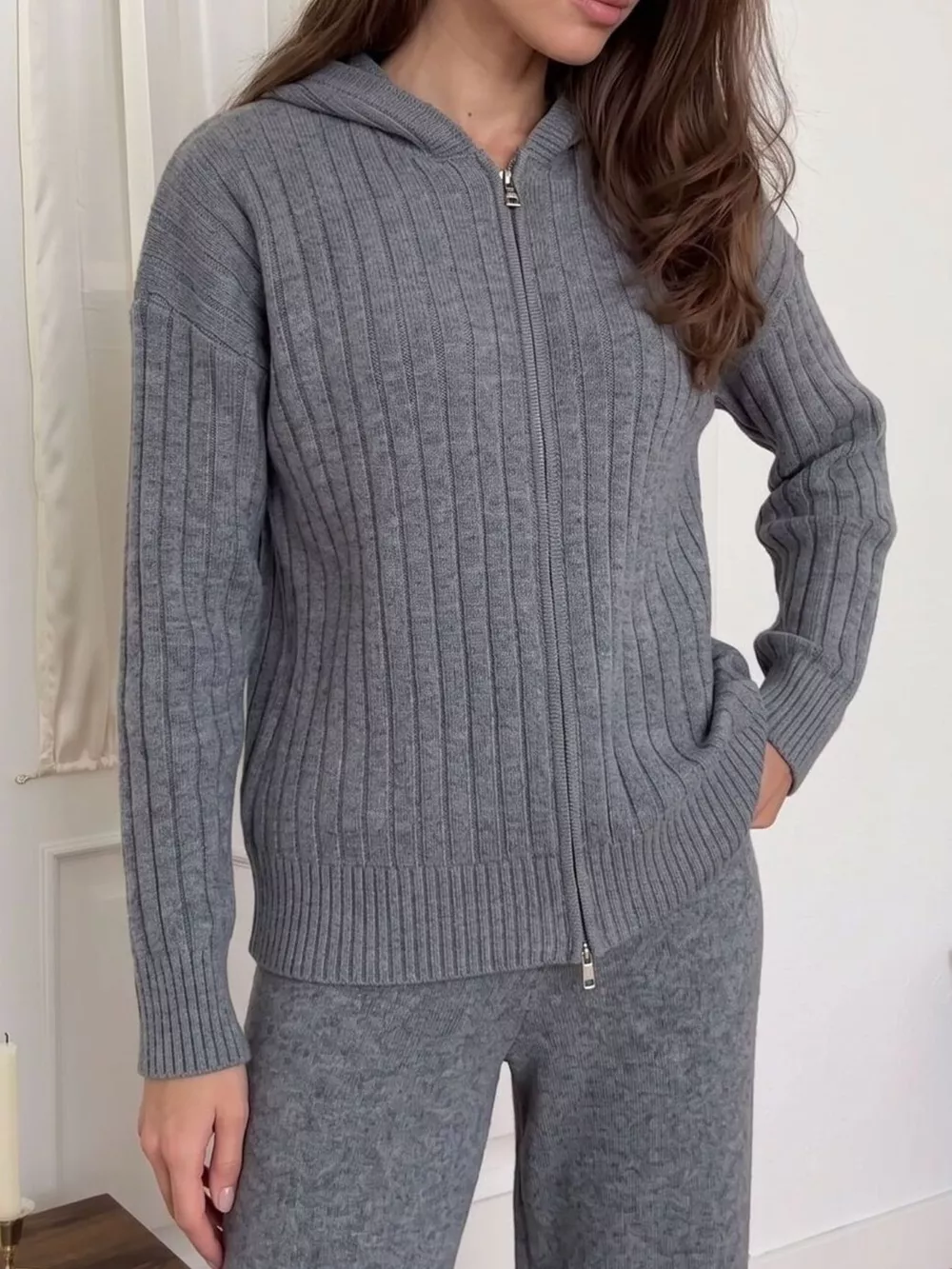 Cozy Ribbed Knit Zip-Up Hoodie and Wide-Leg Pants Sweater Set, image 12