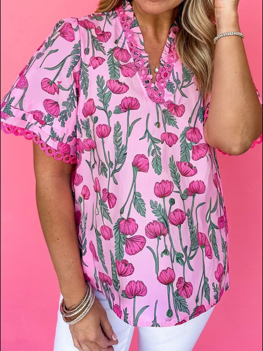 Floral Notched Short Sleeve Blouse, image 2