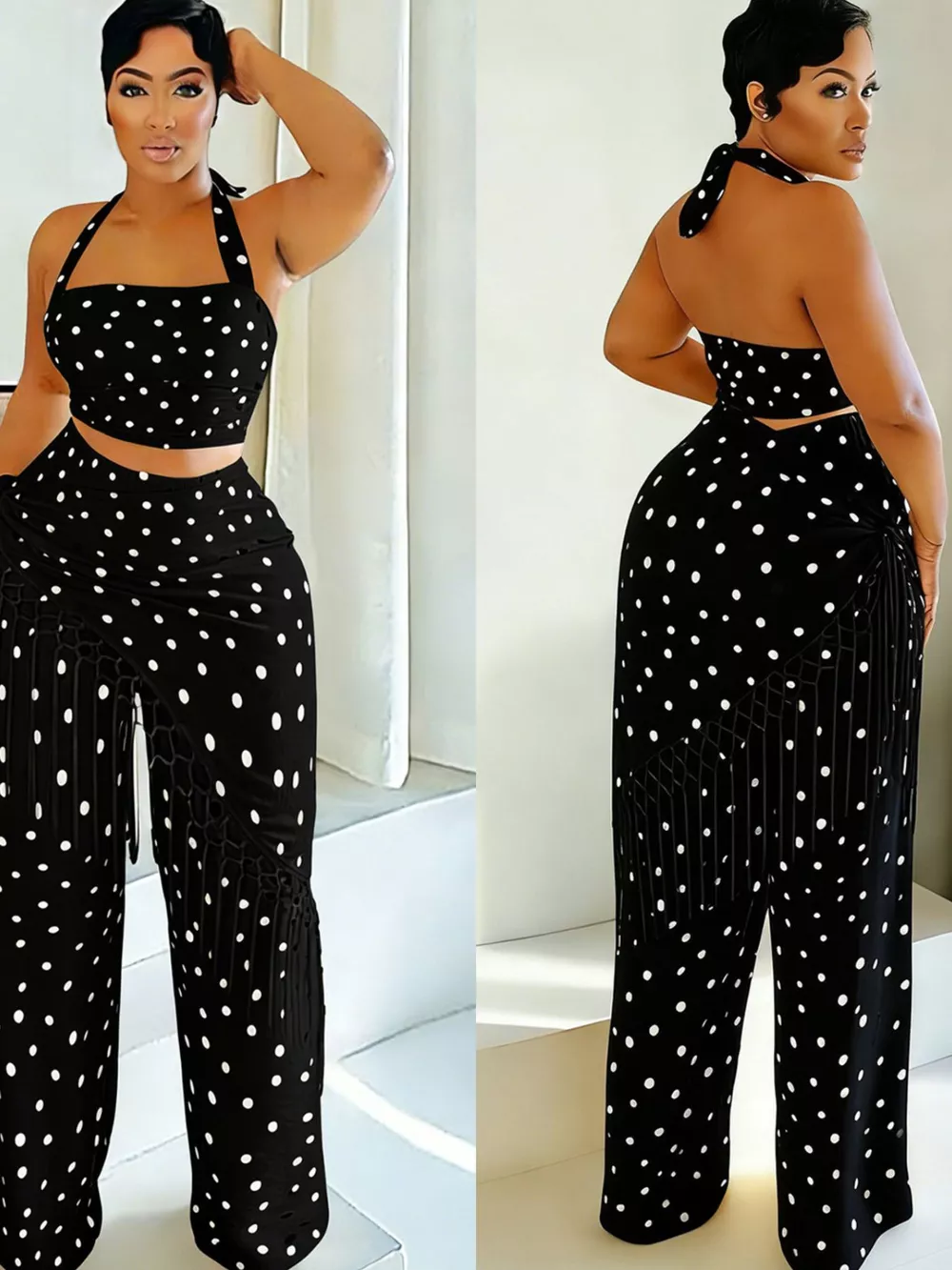 Polka Dot Halter Neck Cami and Fringe Trim Pants Set, image 11
