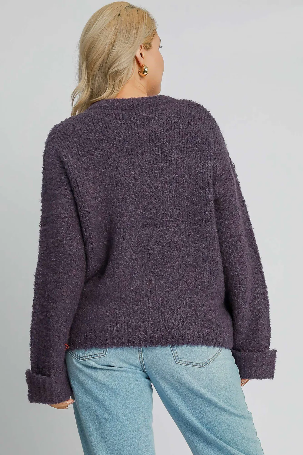 Full Size Round Neck Long Sleeve Boucle Sweater Plus Size, image 5
