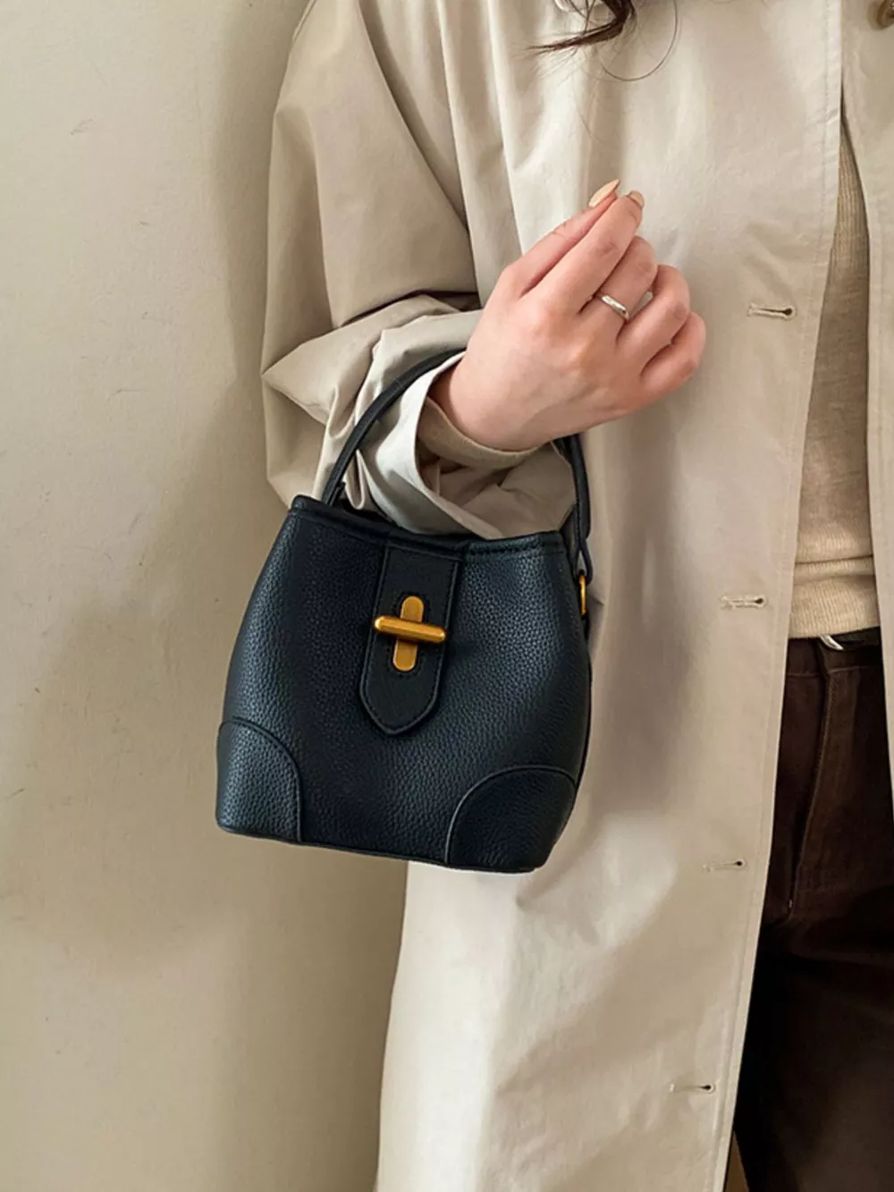 Textured Leather Bucket Crossbody Bag, image 5