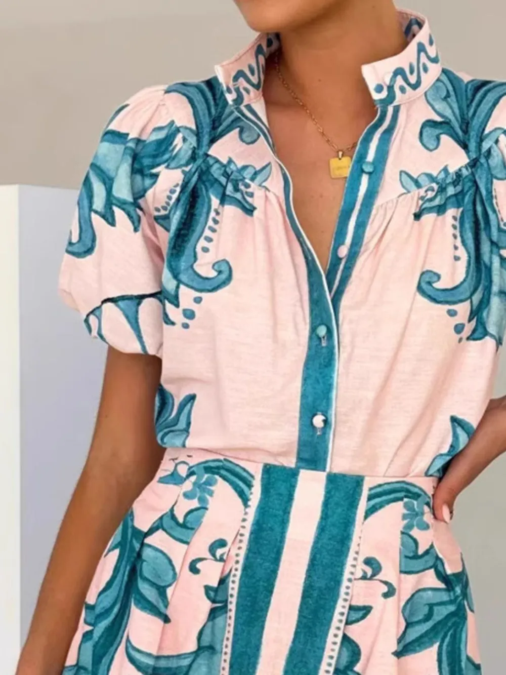Printed Puff Sleeve Top and Skirt Set, image 10