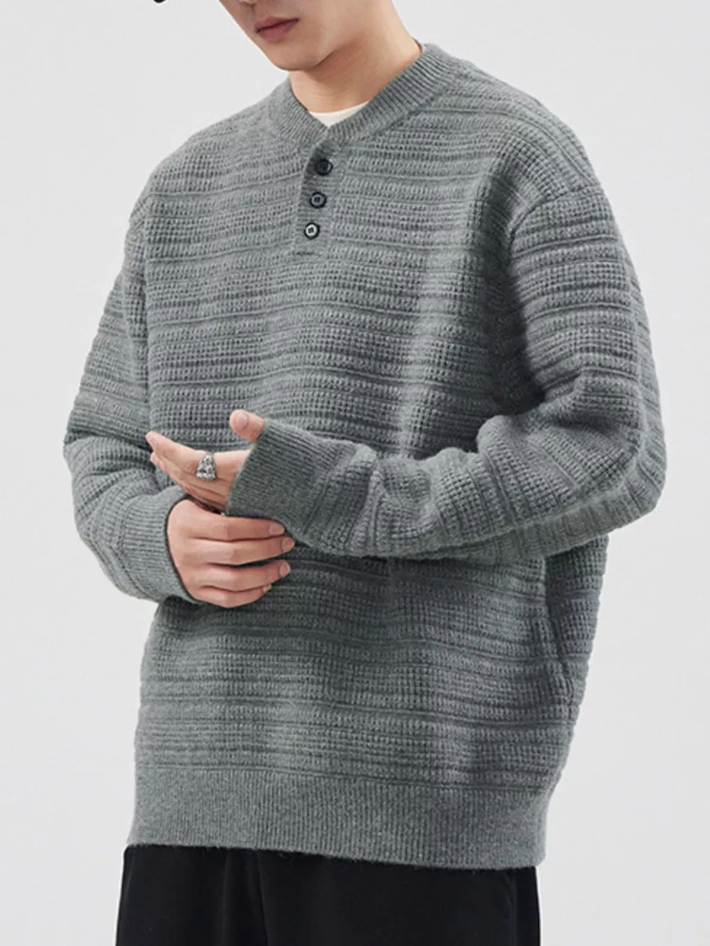 Men's Plus Size Button Detail Long Sleeve Sweater, image 5