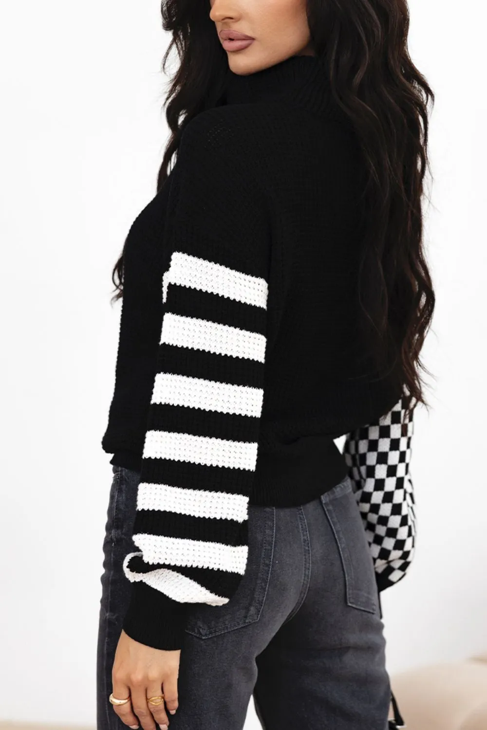 Striped & Checkered Turtleneck Dropped Shoulder Sweater, image 5