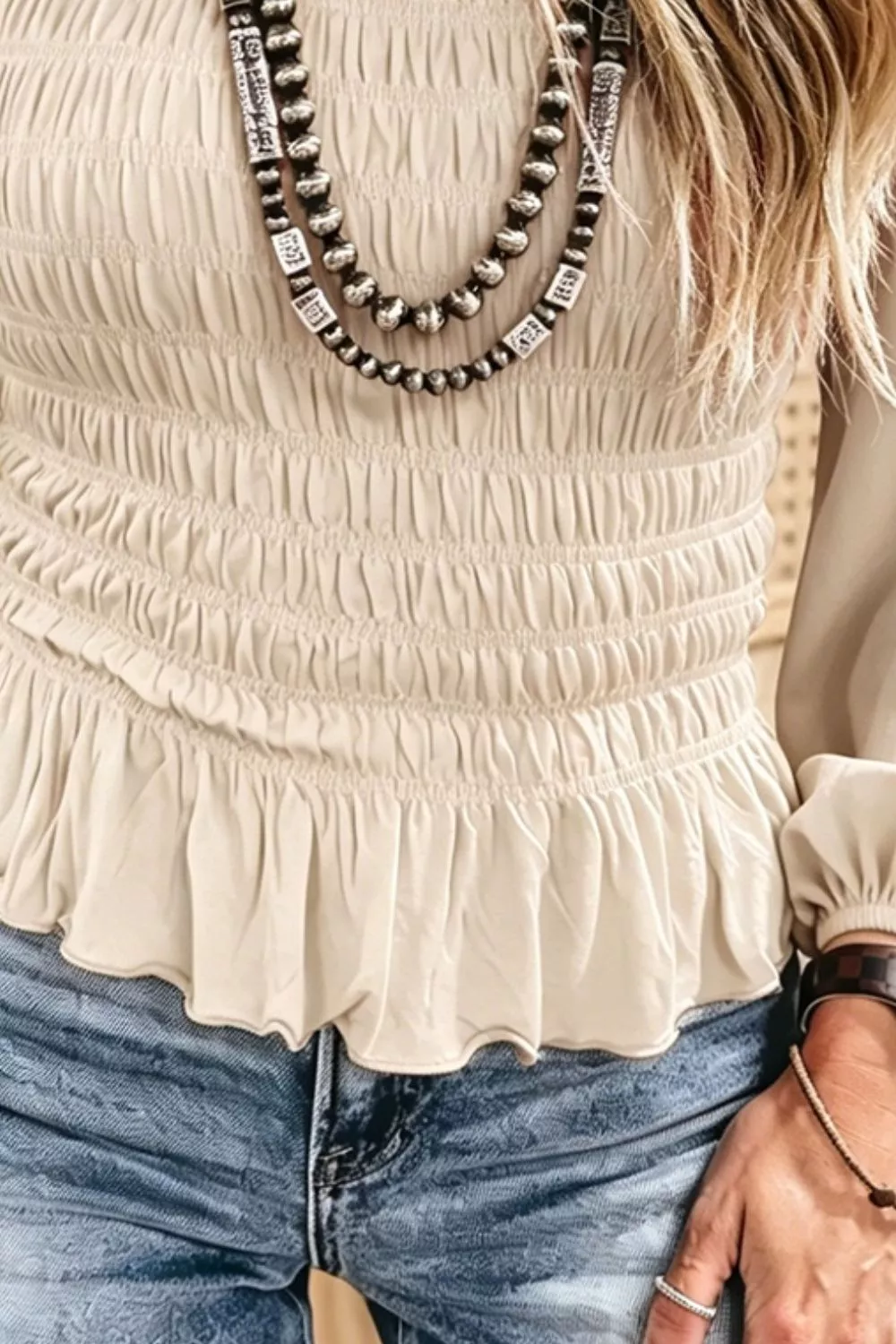 Smocked Balloon Sleeve Peplum Blouse, image 4