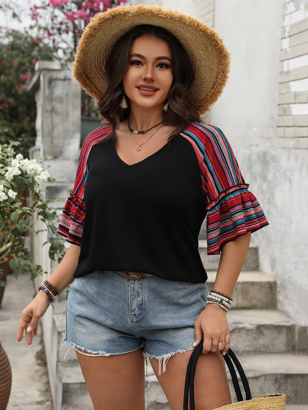 Plus Size V-Neck Flounce Sleeve Top, image 4