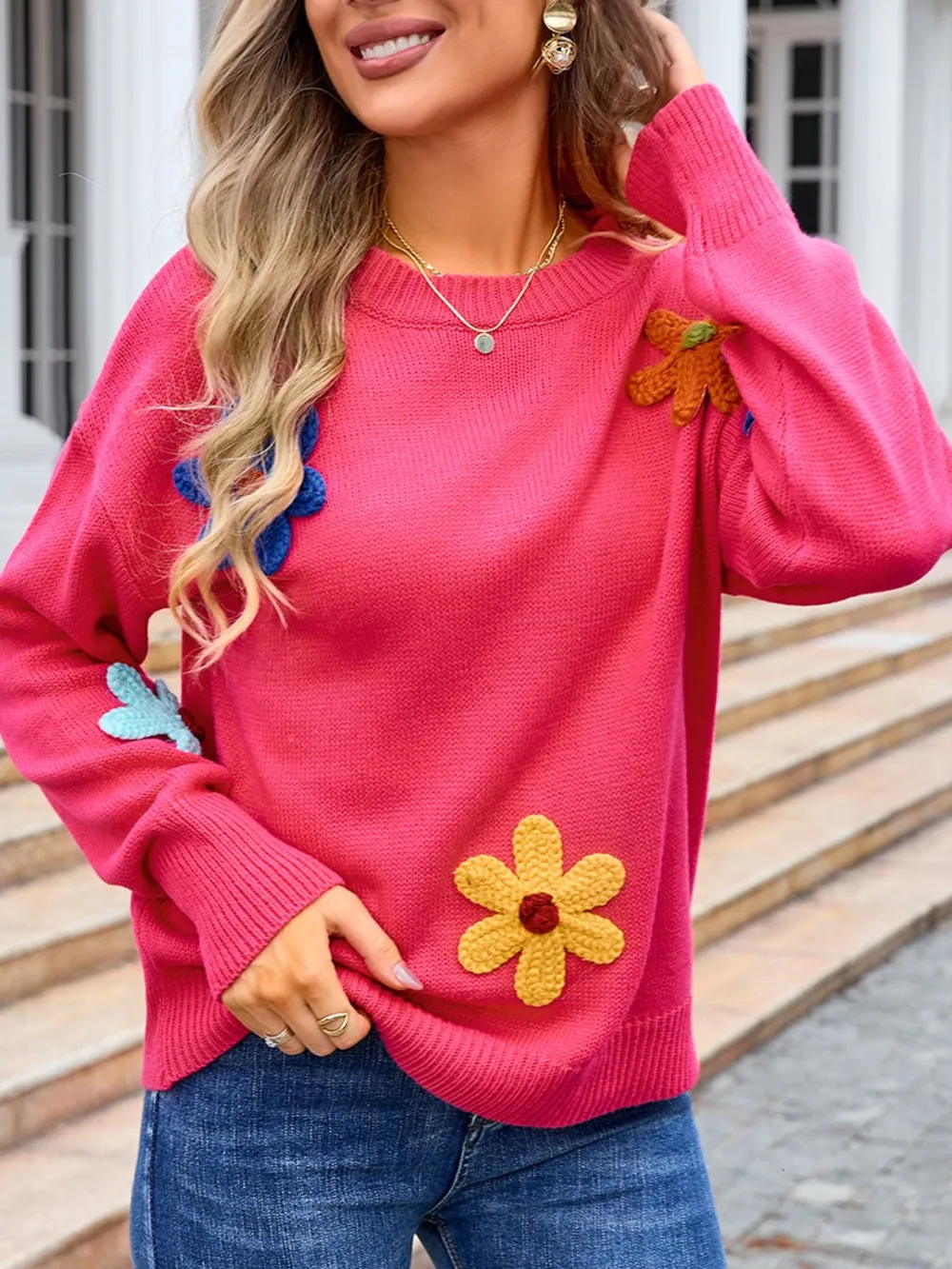 Crochet Flower Round Neck Sweater, image 7