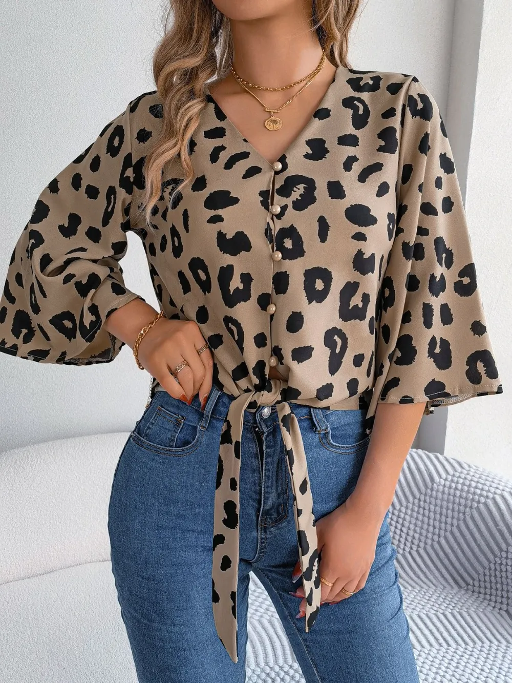 Tied Button Up Leopard V-Neck Blouse, image 10
