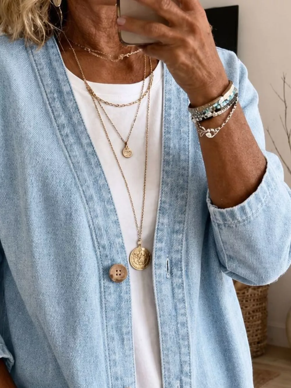 V-Neck Button-Down Denim Jacket, image 3