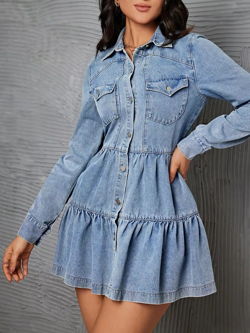 Button-Front Tiered Ruffle Denim Dress, image 4