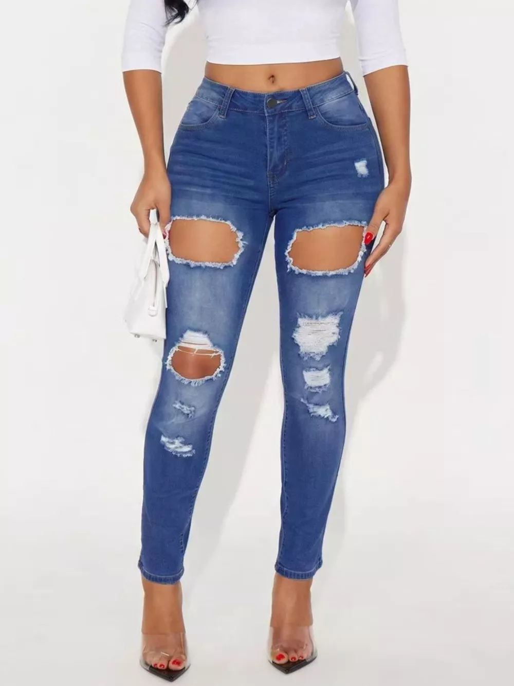 High-Waisted Distressed Skinny Jeans, image 2
