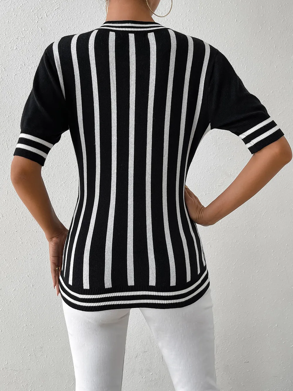 Striped Round Neck Half Sleeve Knit Top, image 2