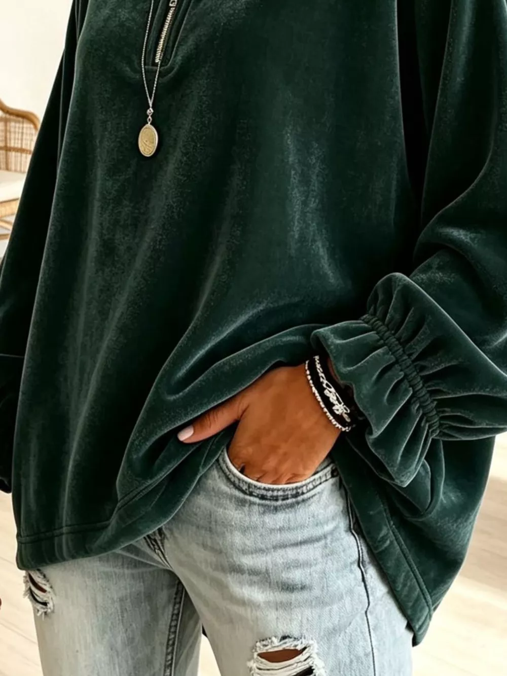 Velvet Quarter-Zip Sweatshirt with Ruffled Cuffs, image 6