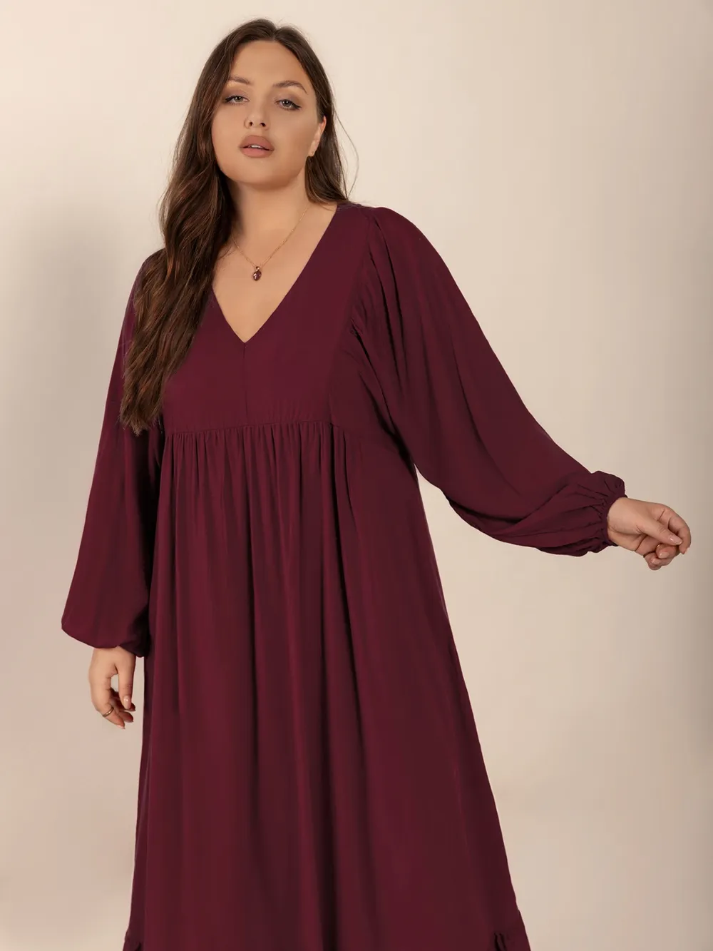 Plus Size Ruffled Hem V-Neck Balloon Sleeve Dress, image 7