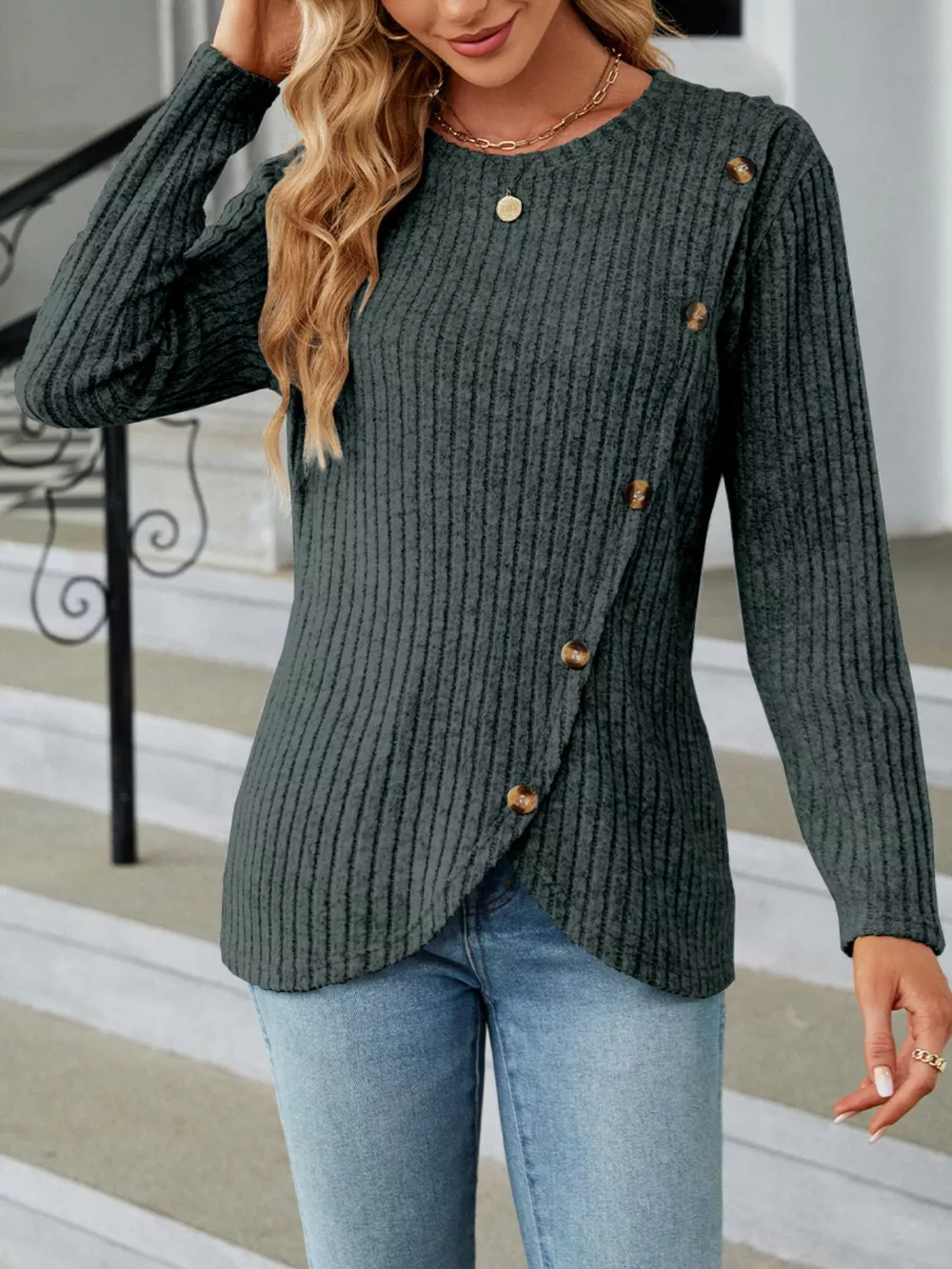 Ribbed Knit Decor Button T-Shirt, image 13