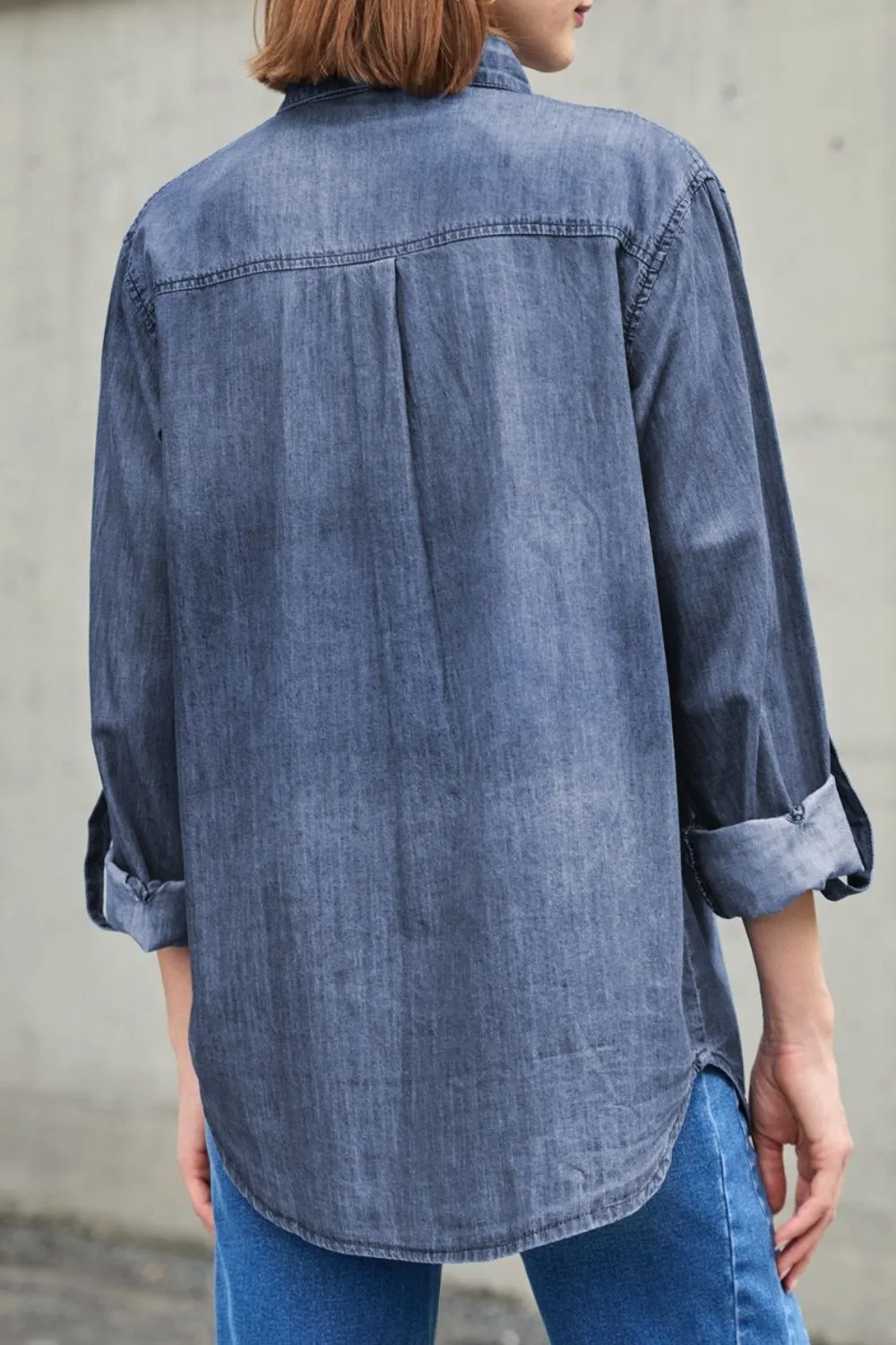 Pocketed Collared Neck Long Sleeve Denim Top, image 8