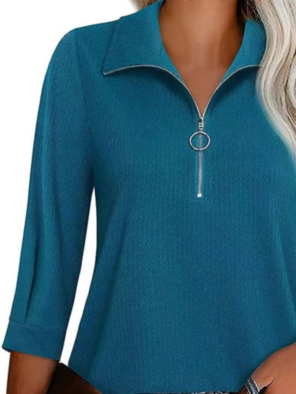 Half Zip Collared Neck Three-Quarter Sleeve T-Shirt, image 7