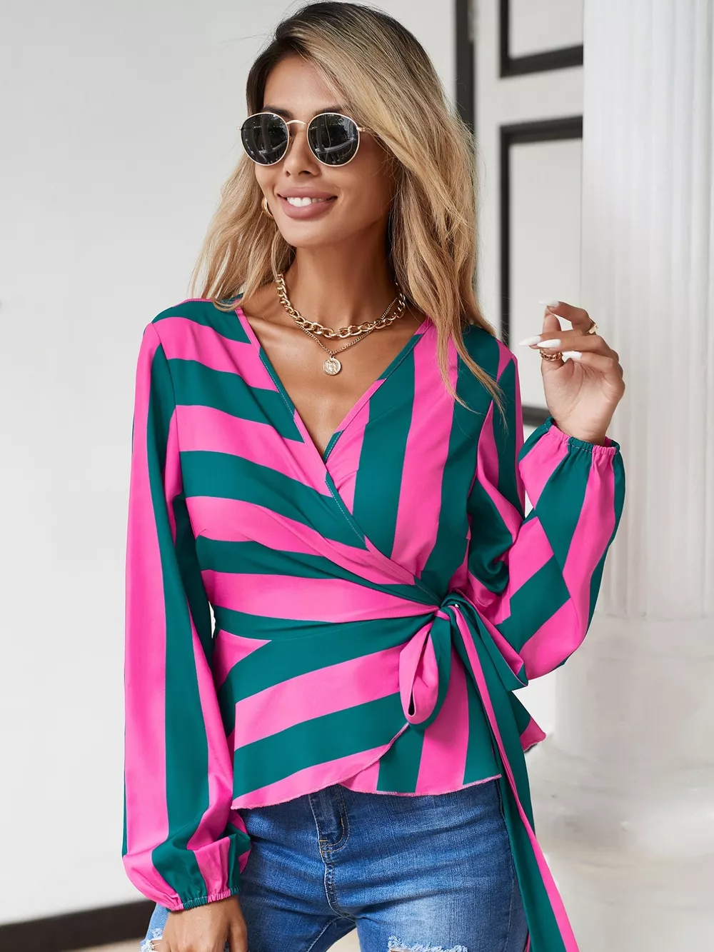 Striped Wrap Blouse with Tie Detail, image 6