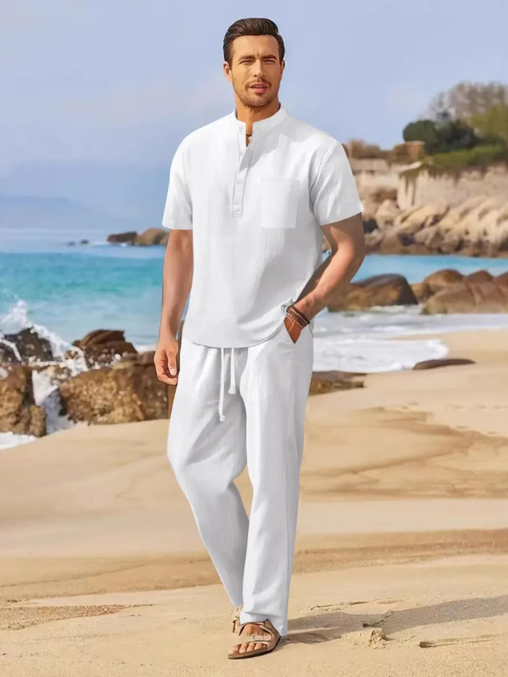 Men's Full Size Half Button Top and Drawstring Pants Set Plus Size, image 3