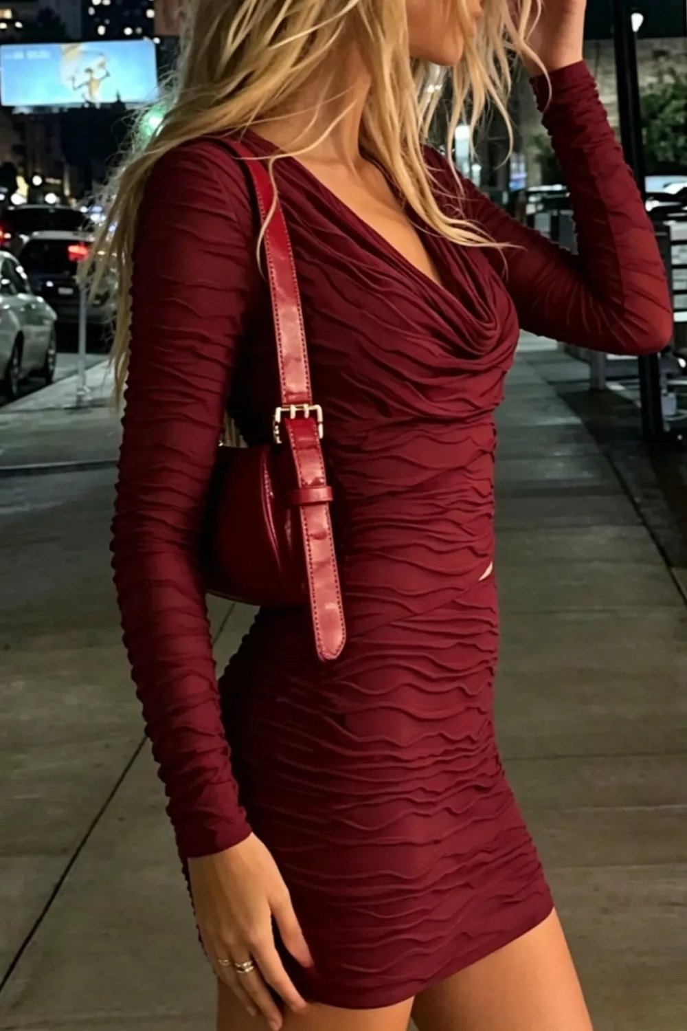 Ruched Cutout Cowl Neck Long Sleeve Mini Dress, image 3
