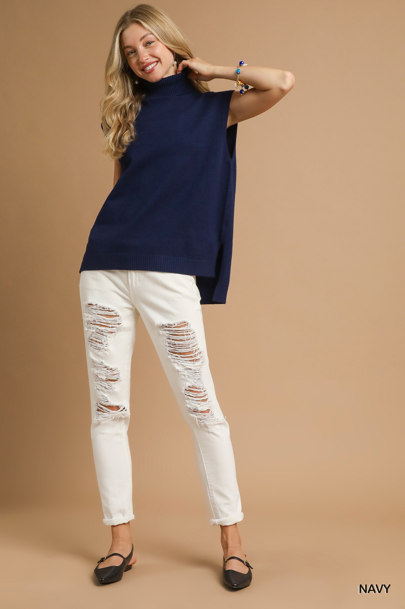 High-Low Turtleneck Sleeveless Sweater Top, image 3