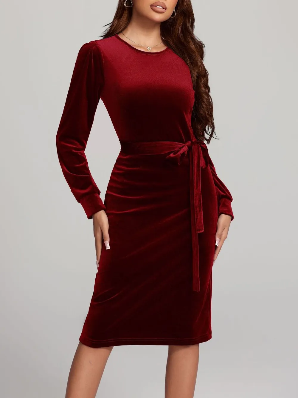 Round Neck Tie Waist Long Sleeve Velvet Dress, image 19