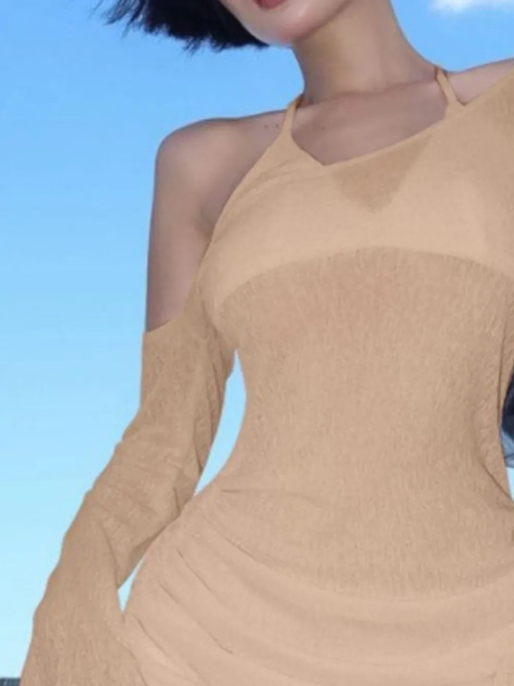 One-Shoulder Bell Sleeve Ruched Mini Cover-Up Dress, image 9