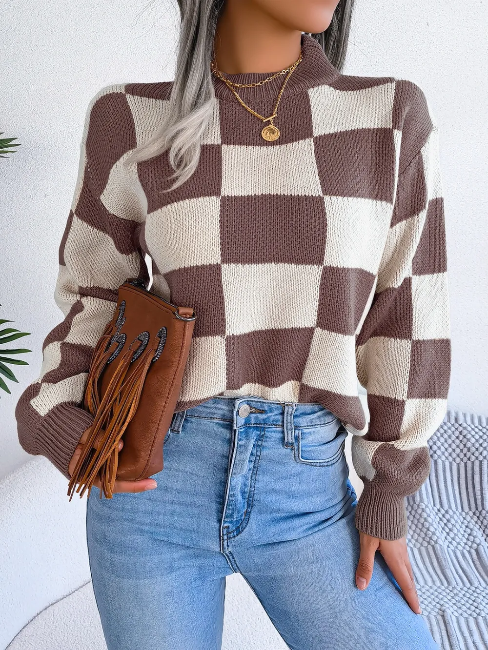 Checkered Mock Neck Long Sleeve Sweater, image 21