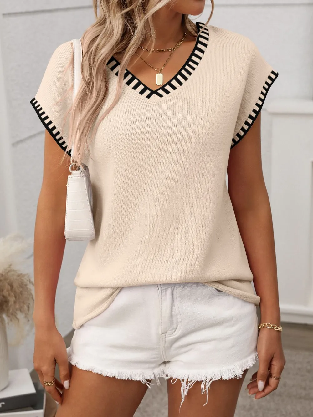 Contrast Trim V-Neck Knit Top, image 2