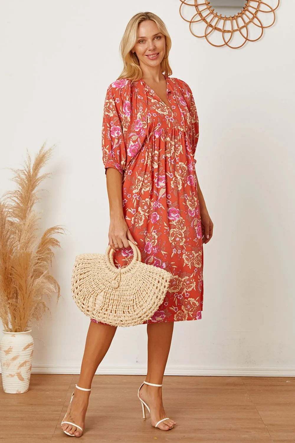 Floral Tie Neck Half Sleeve Dress, image 4
