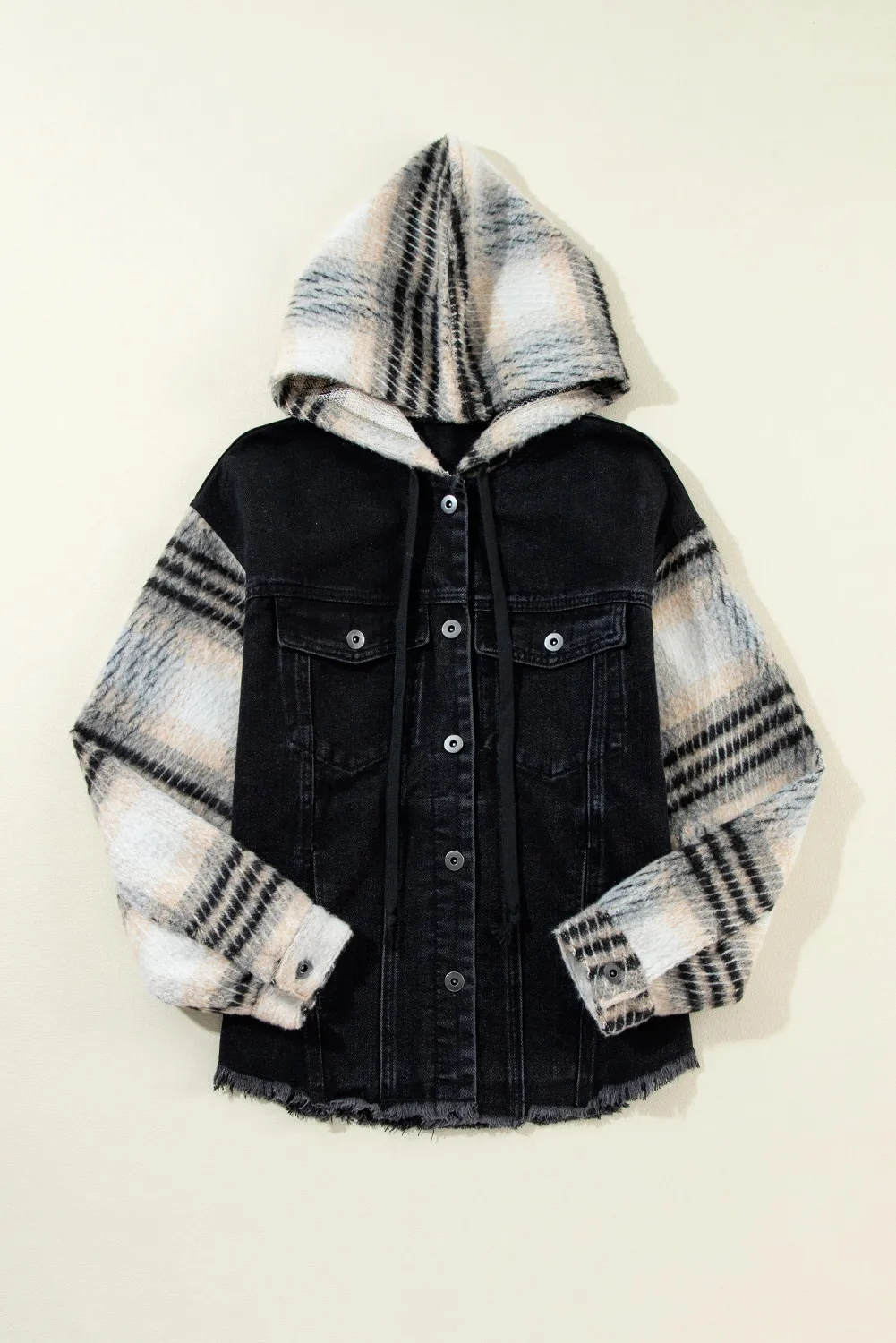 Drawstring Raw Hem Button Up Hooded Denim Jacket, image 6
