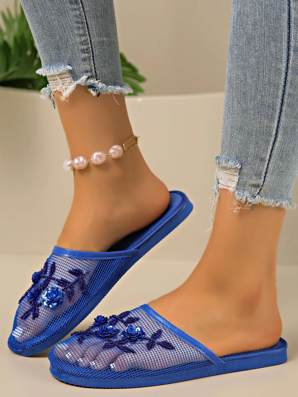 Mesh Floral Embroidered Slide Sandals, image 6