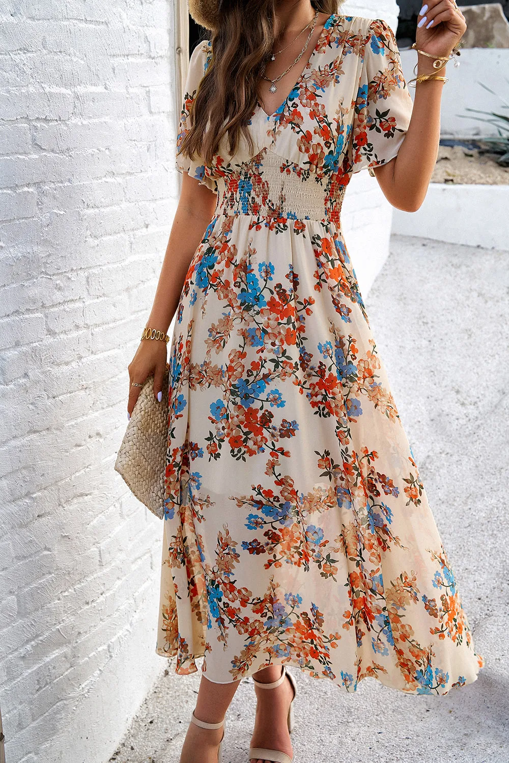 Smocked Floral V-Neck Short Sleeve Dress, image 7