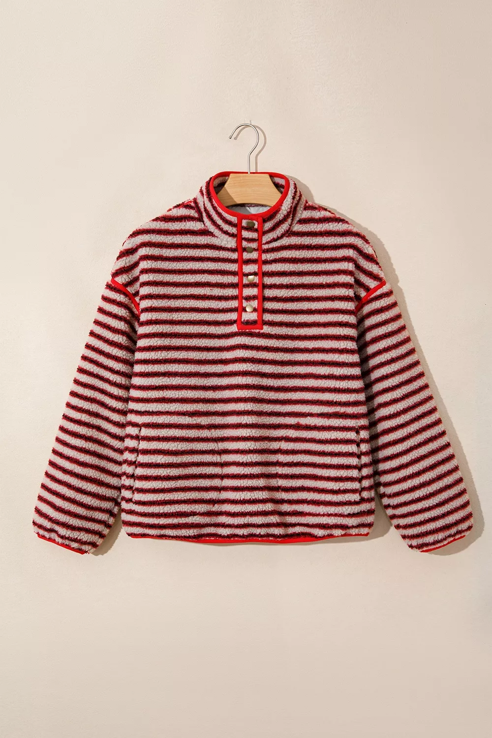 Striped Fuzzy Colorblock Button Placket Sweatshirt, image 4