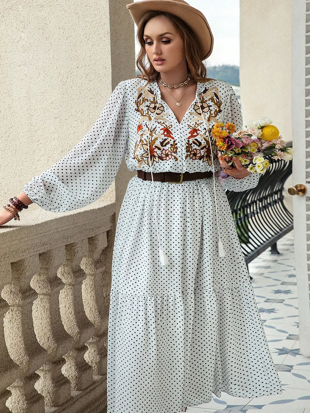 Plus Size Printed Tie Neck Long Sleeve Midi Dress, image 3