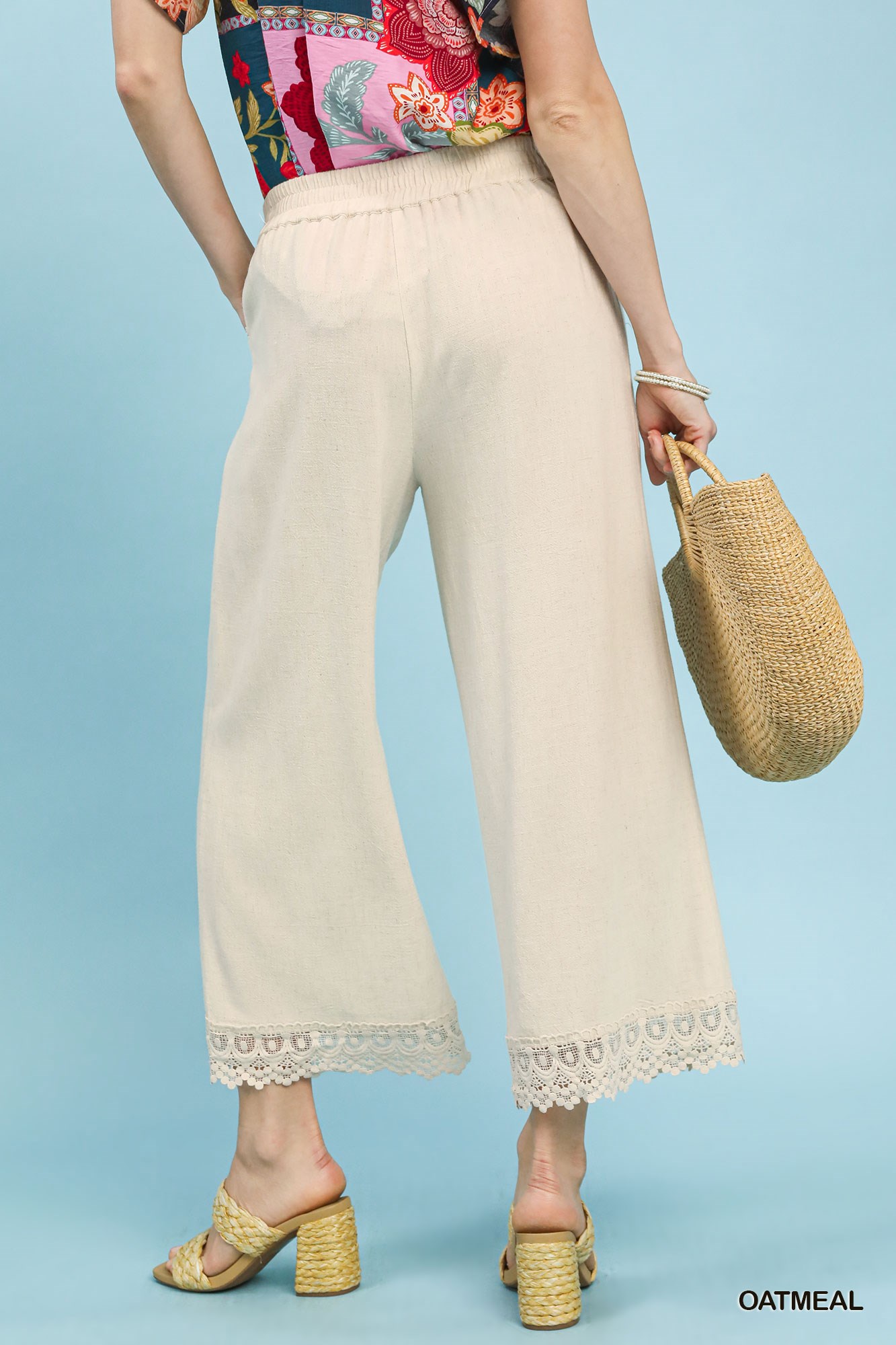 Linen Wide Leg Cropped Pants with Lace Trim, image 3