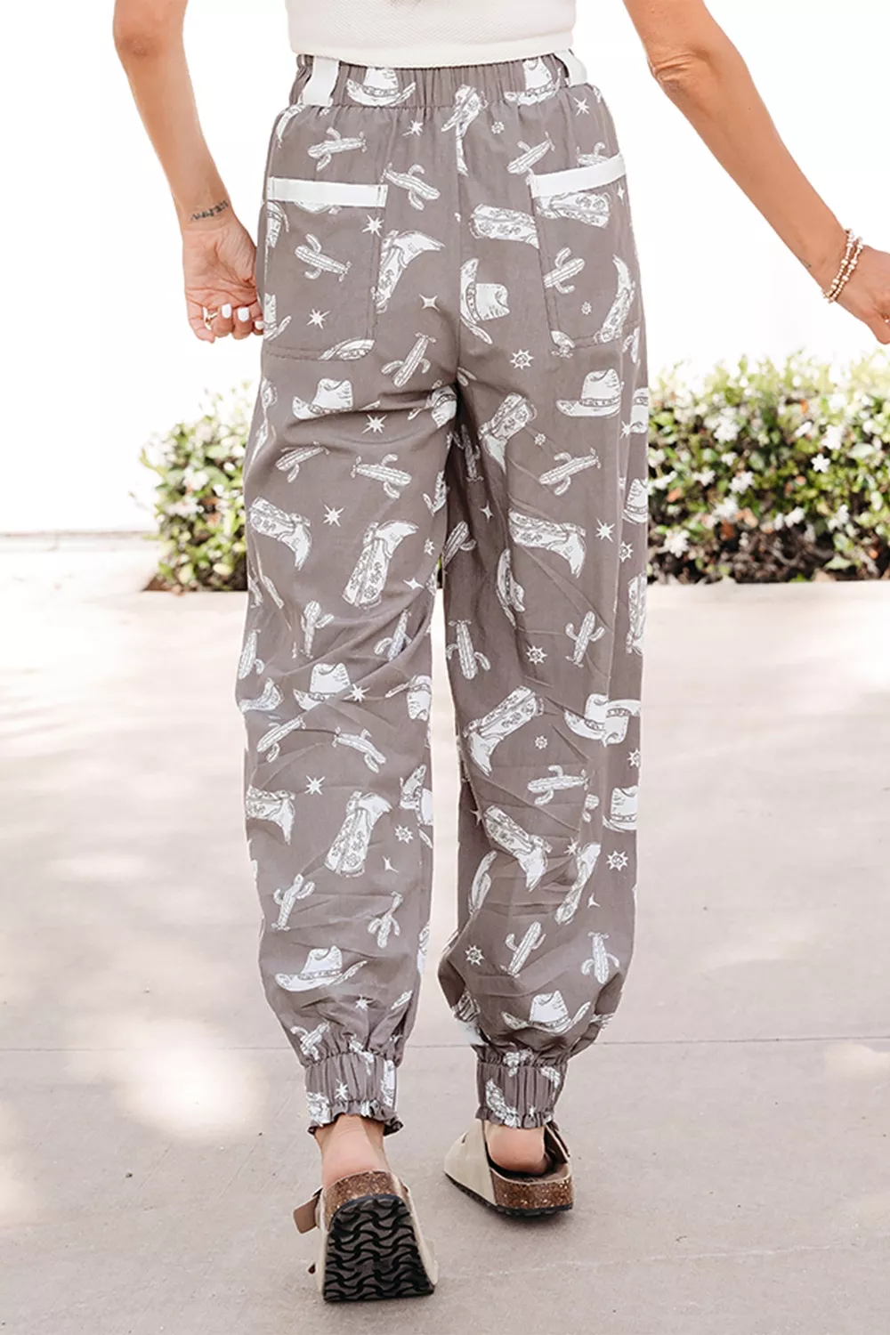 Western Cactus Cowgirl Hat Boot Printed Vintage Drawstring Jogger Pants, image 3